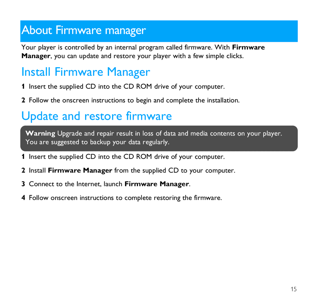 Philips SA1350 user manual About Firmware manager, Install Firmware Manager, Update and restore firmware 