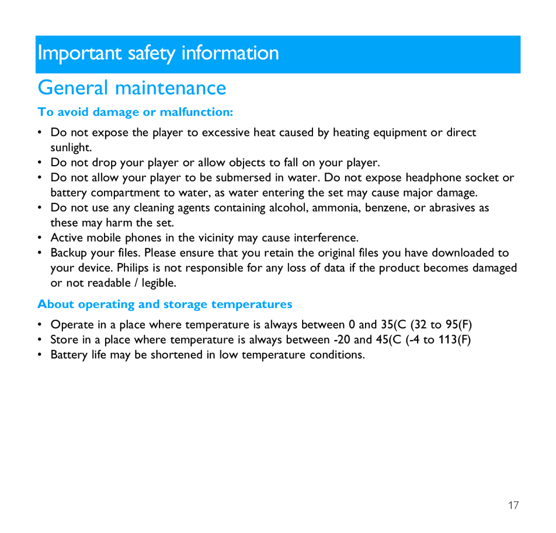 Philips SA1350 user manual Important safety information, General maintenance 