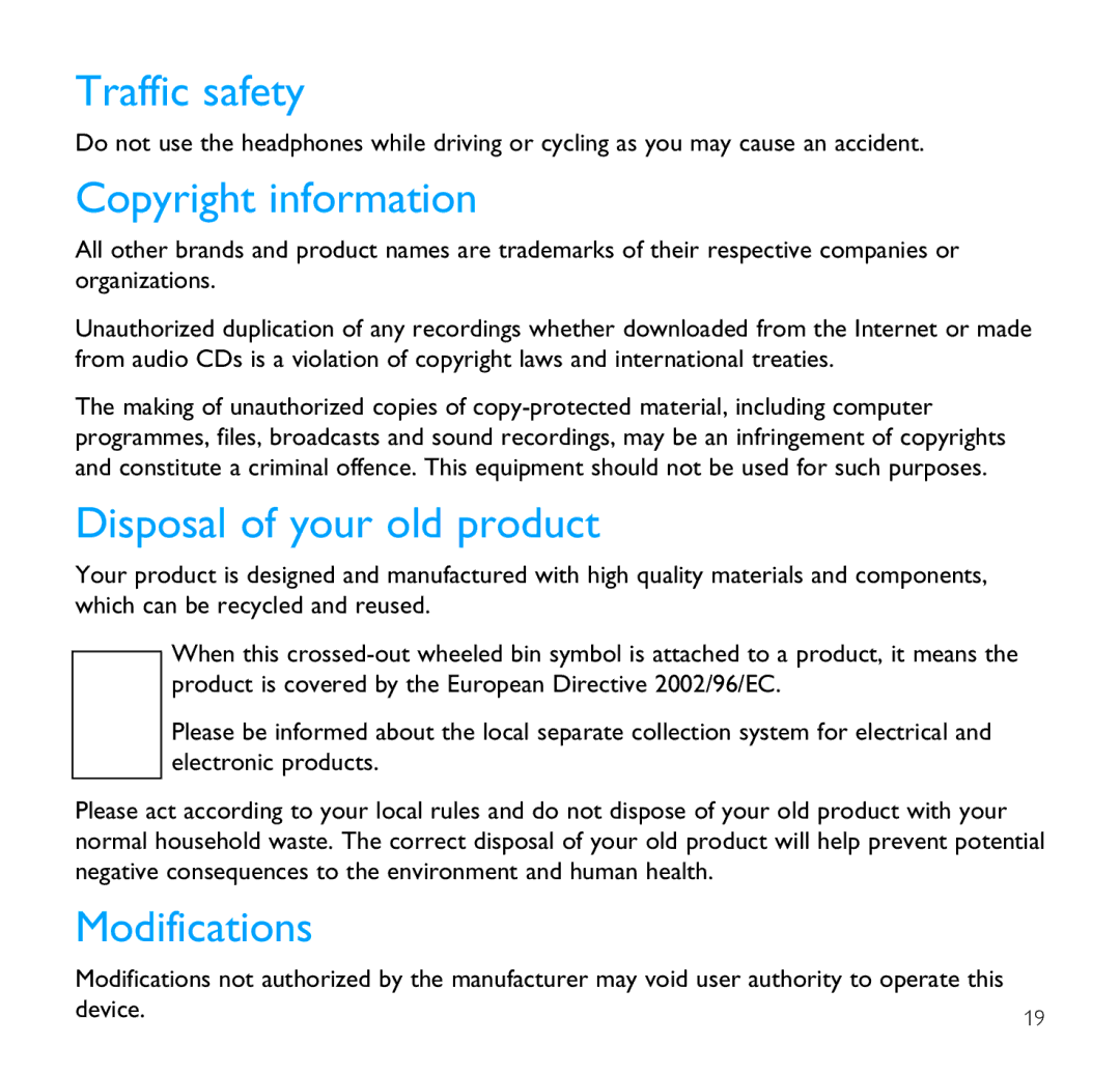 Philips SA1350 user manual Traffic safety, Copyright information, Disposal of your old product, Modifications 