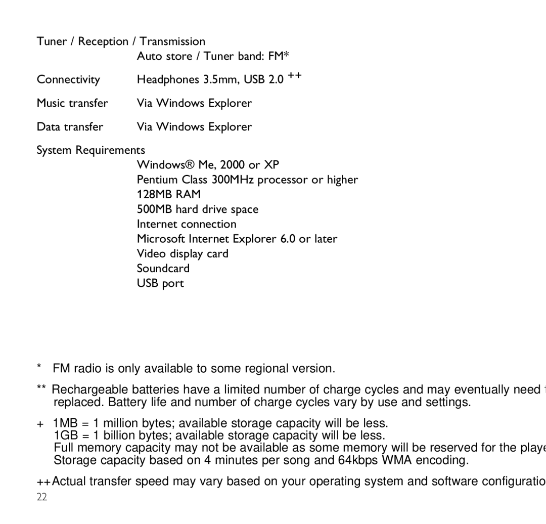 Philips SA1350 user manual FM radio is only available to some regional version 