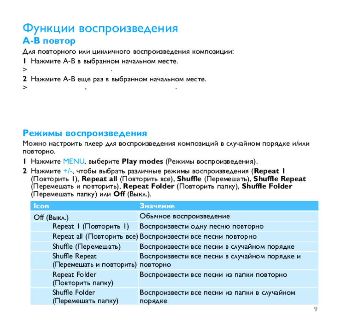 Philips SA1355, SA1346 manual Функции воспроизведения, Повтор, Режимы воспроизведения 