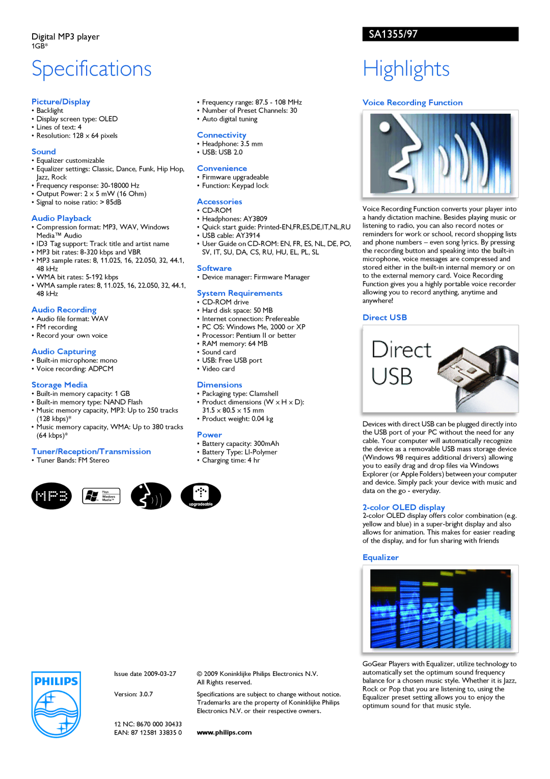 Philips SA1355/97 Picture/Display, Sound, Audio Playback, Audio Recording, Audio Capturing, Storage Media, Connectivity 