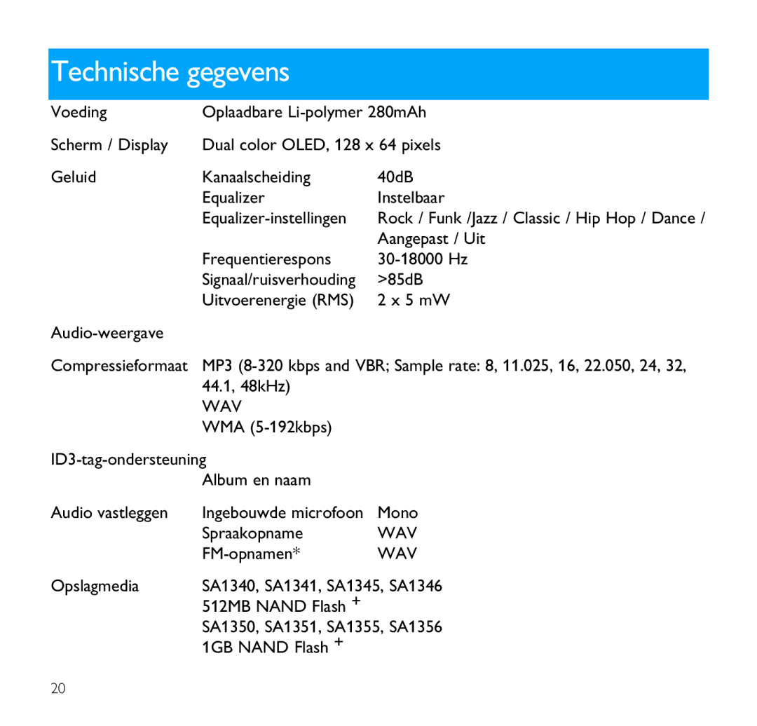 Philips SA1350, SA1356, SA1341, SA1340, SA1355, SA1351, SA1346, SA1345 manual Technische gegevens, Wav 