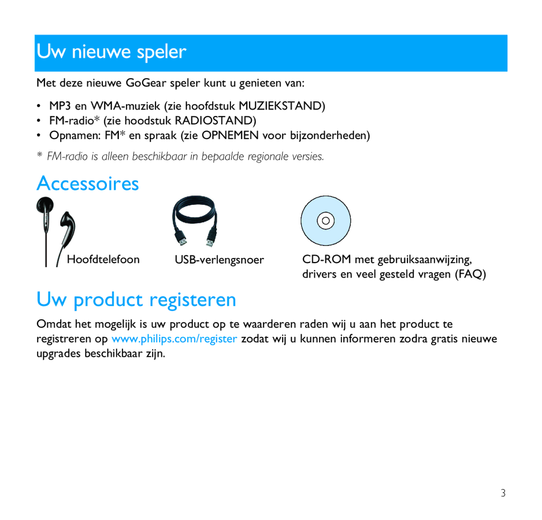 Philips SA1345, SA1356, SA1341, SA1340, SA1355, SA1351, SA1346, SA1350 manual Uw nieuwe speler, Accessoires, Uw product registeren 