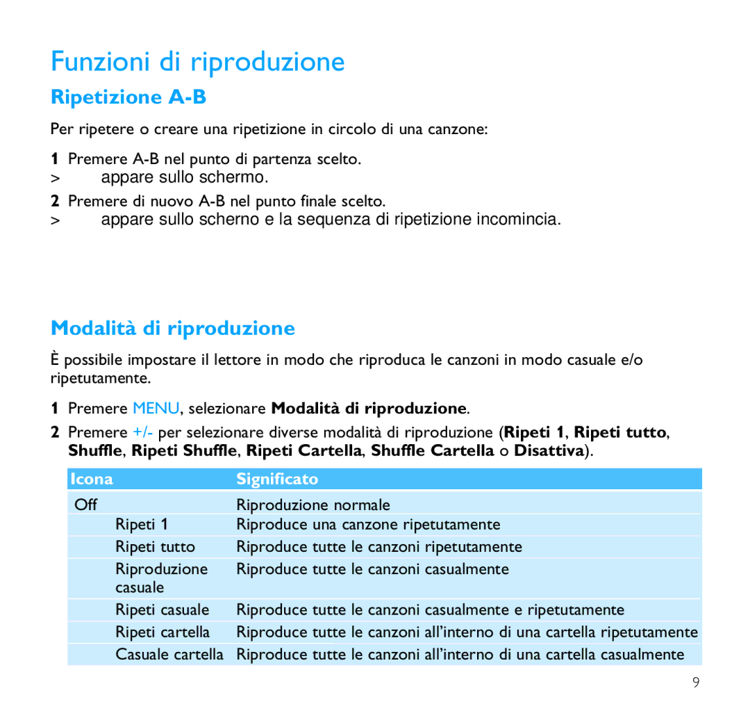 Philips SA1351, SA1356, SA1341, SA1340, SA1355, SA1346 Funzioni di riproduzione, Ripetizione A-B, Modalità di riproduzione 