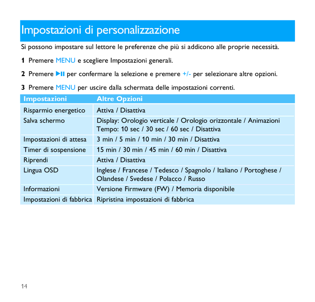 Philips SA1341, SA1356, SA1340, SA1355, SA1351, SA1346, SA1345 Impostazioni di personalizzazione, Impostazioni Altre Opzioni 