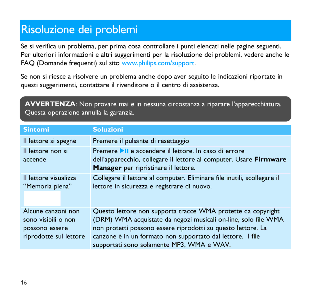 Philips SA1355, SA1356, SA1341, SA1340, SA1351, SA1346, SA1345, SA1350 manual Risoluzione dei problemi, Sintomi 