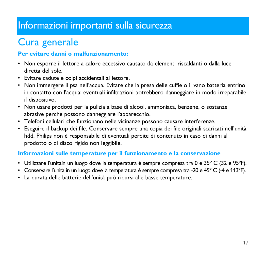 Philips SA1351, SA1356, SA1341, SA1340, SA1355, SA1346, SA1345, SA1350 Informazioni importanti sulla sicurezza, Cura generale 