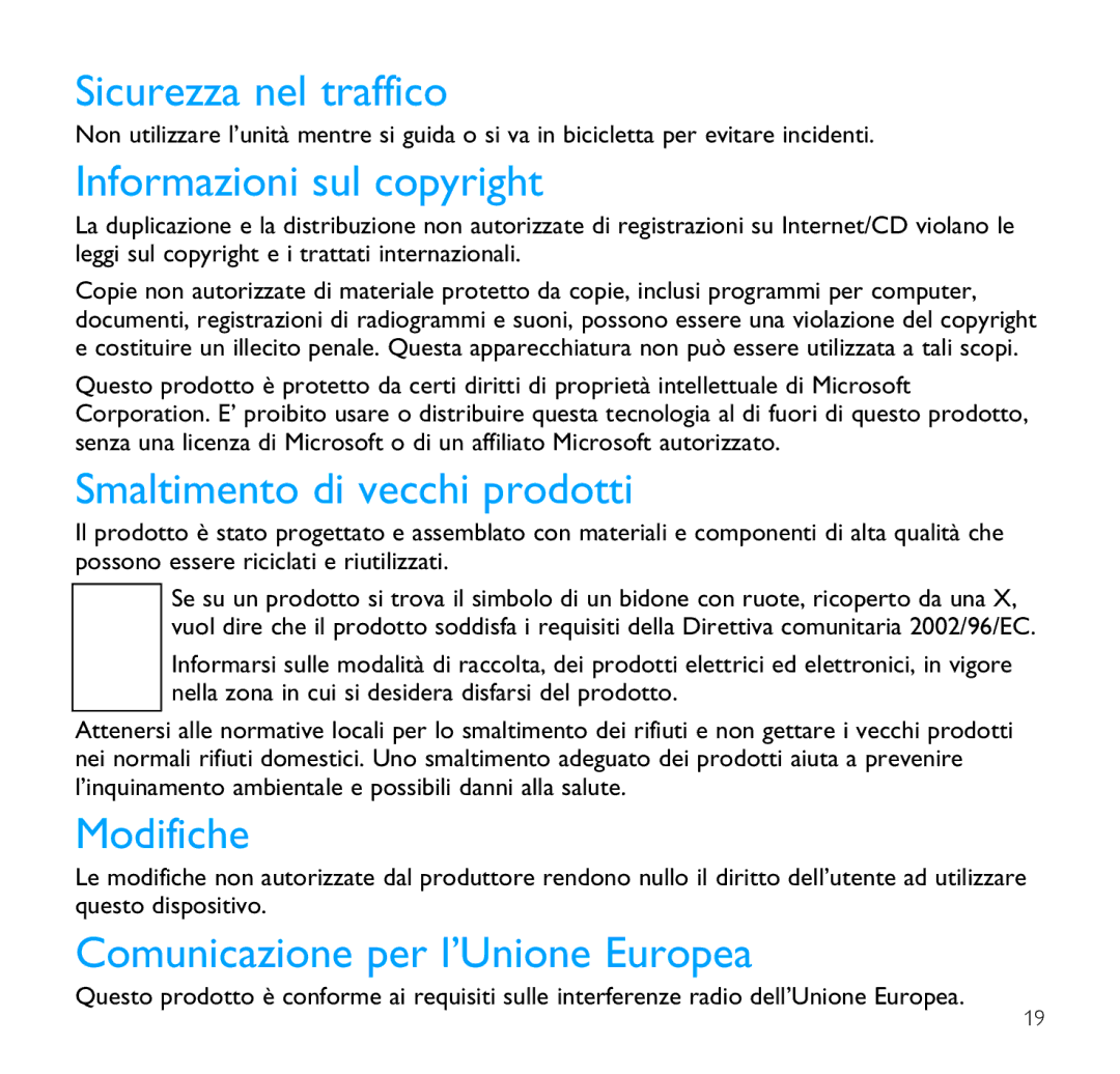 Philips SA1345, SA1356 manual Sicurezza nel traffico, Informazioni sul copyright, Smaltimento di vecchi prodotti, Modifiche 