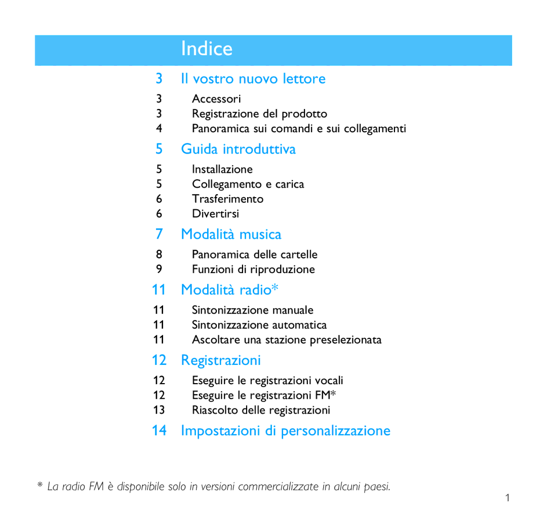 Philips SA1351, SA1356, SA1341, SA1340, SA1355, SA1346, SA1345, SA1350 manual Indice, Registrazioni 