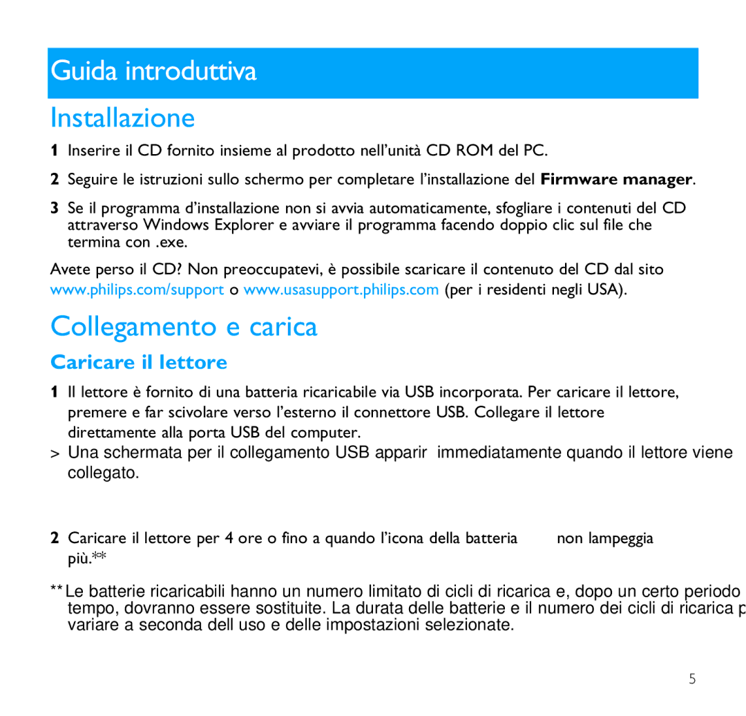 Philips SA1356, SA1341, SA1340, SA1355, SA1351 Guida introduttiva, Installazione, Collegamento e carica, Caricare il lettore 