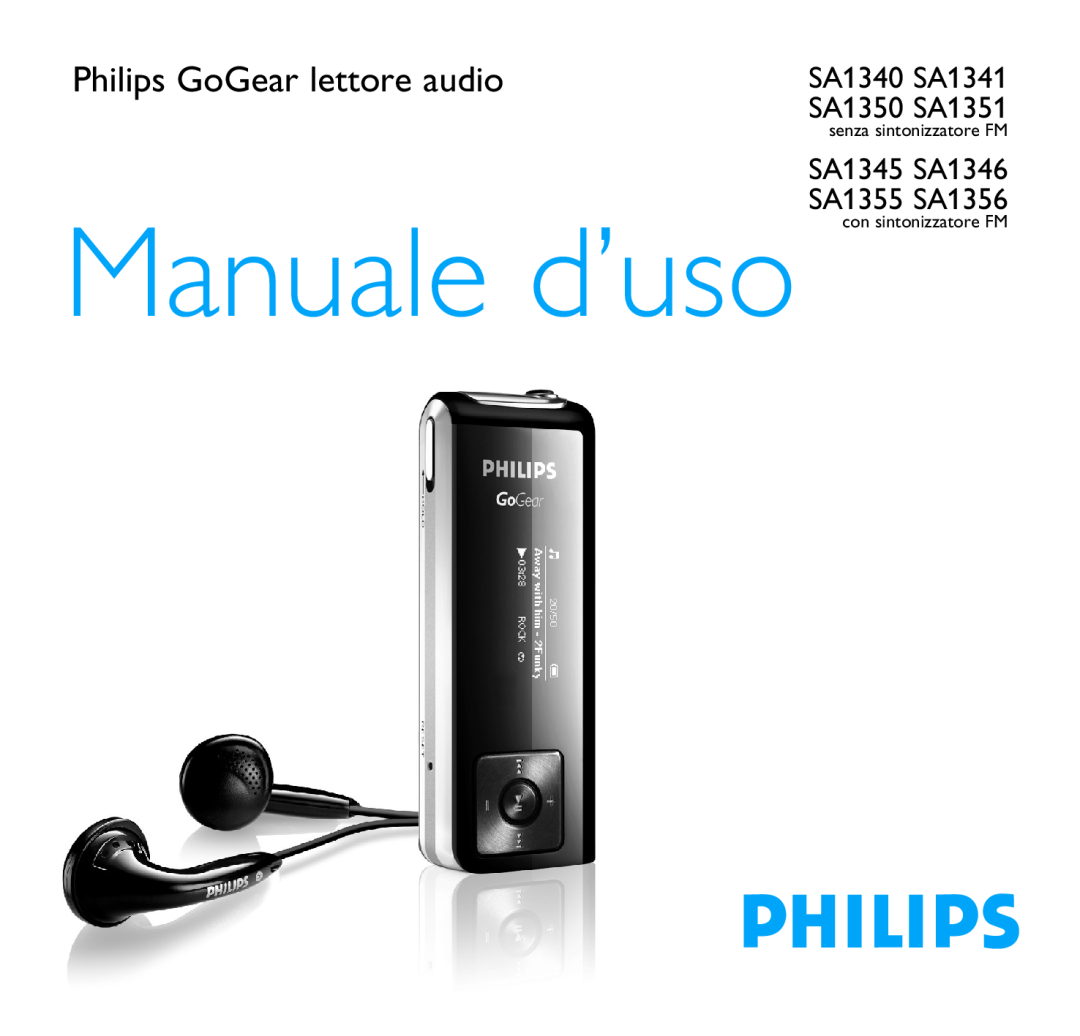 Philips manual Philips GoGear lettore audio, Manuale d’uso, SA1340 SA1341 SA1350 SA1351, SA1345 SA1346 SA1355 SA1356 