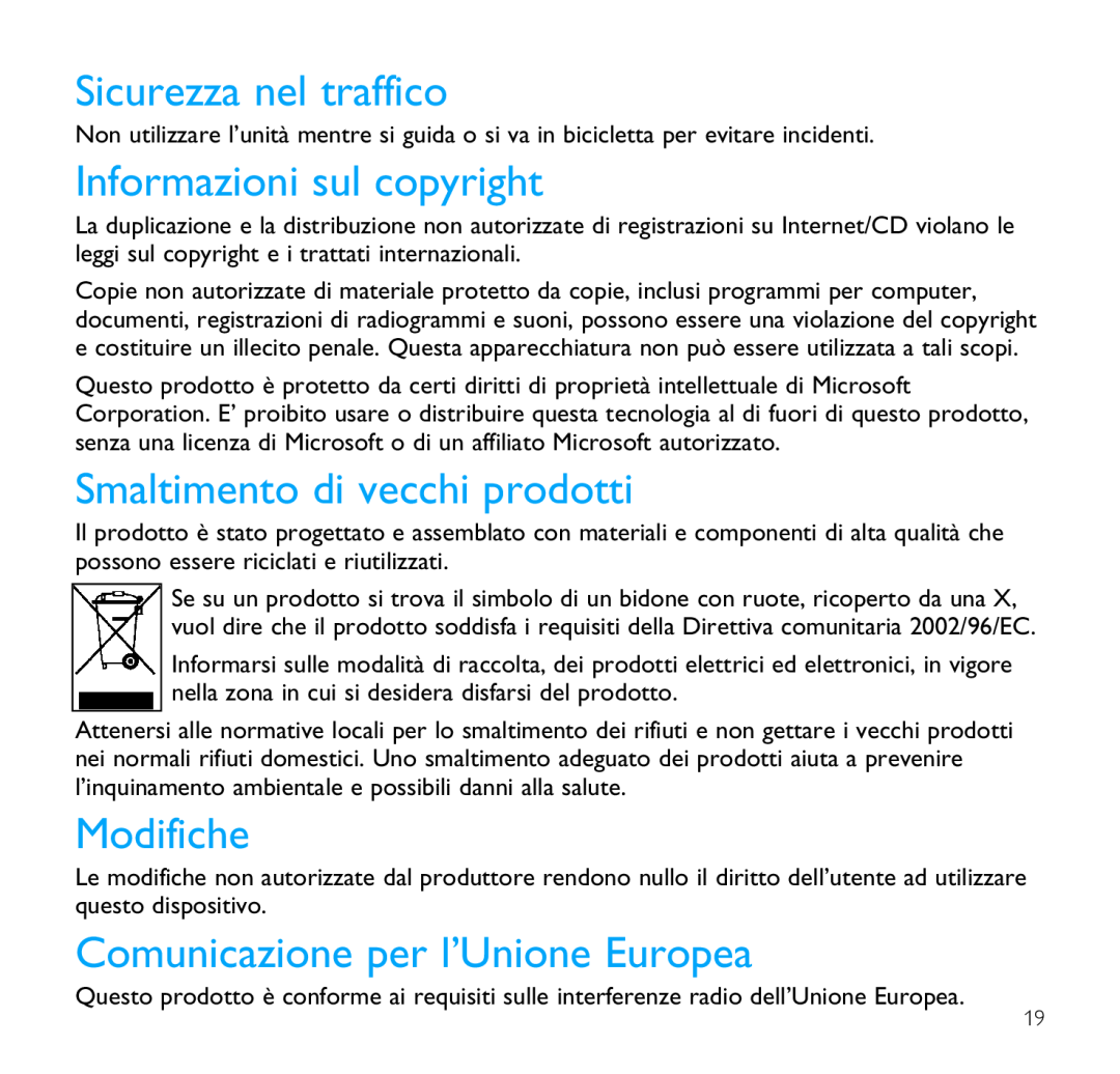 Philips SA1345, SA1356 manual Sicurezza nel traffico, Informazioni sul copyright, Smaltimento di vecchi prodotti, Modifiche 
