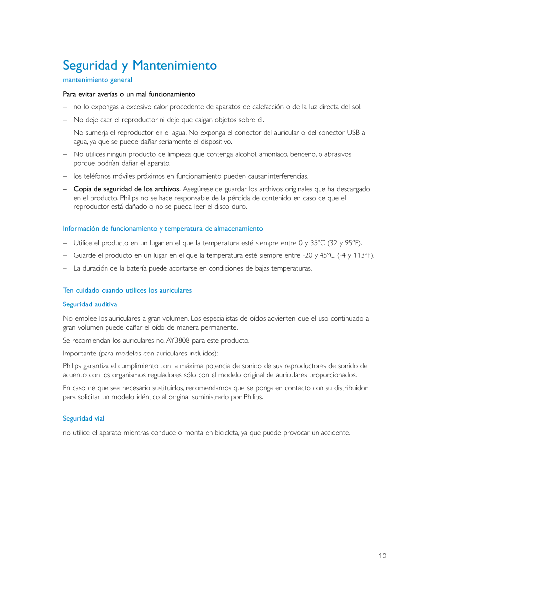 Philips SA150 user manual Seguridad y Mantenimiento, Mantenimiento general, Seguridad vial 