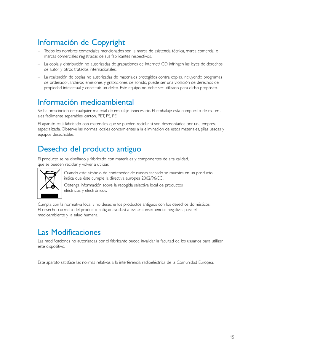 Philips SA150 Información de Copyright, Información medioambiental, Desecho del producto antiguo, Las Modificaciones 