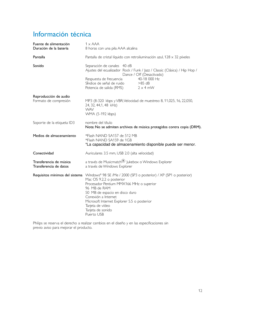 Philips SA150 user manual Información técnica, Wav 