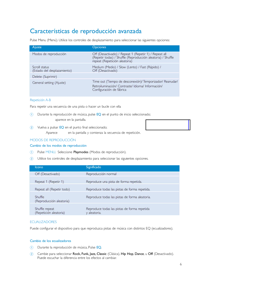 Philips SA150 user manual Características de reproducción avanzada, Ajuste Opciones, Icono Significado 