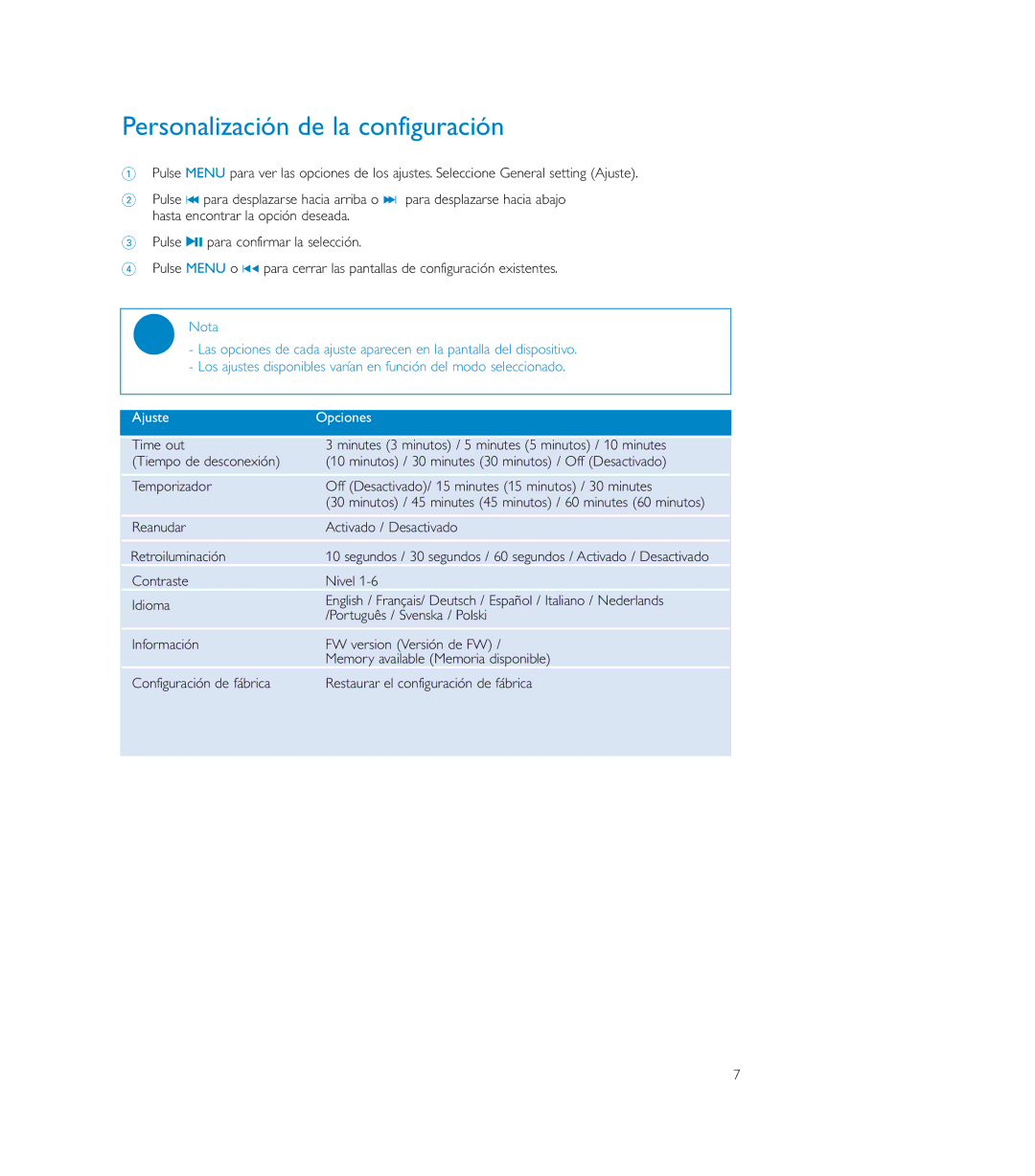 Philips SA150 user manual Personalización de la configuración, Nota 