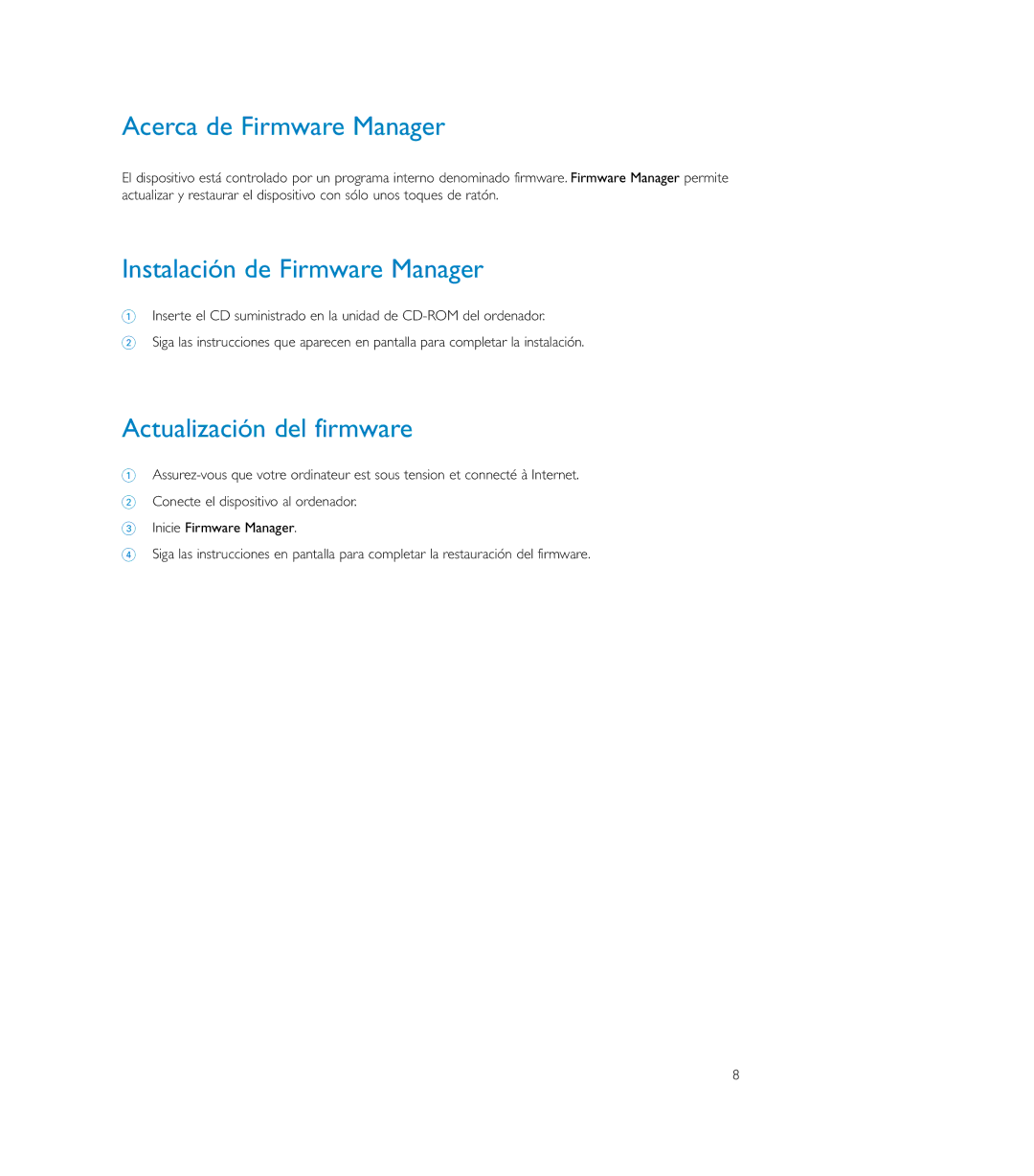 Philips SA150 user manual Acerca de Firmware Manager, Instalación de Firmware Manager, Actualización del firmware 