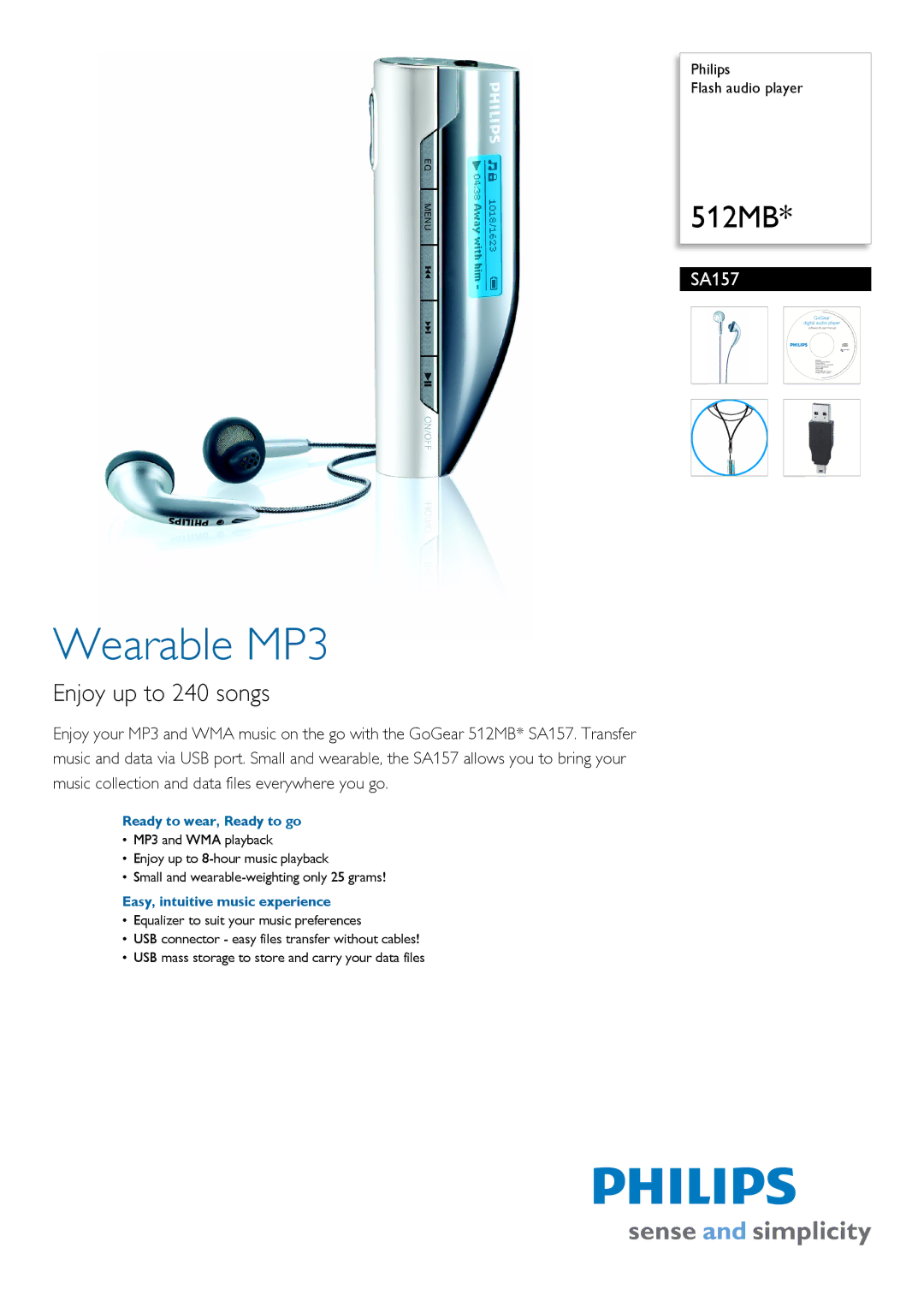 Philips SA157 manual Ready to wear, Ready to go, Easy, intuitive music experience 