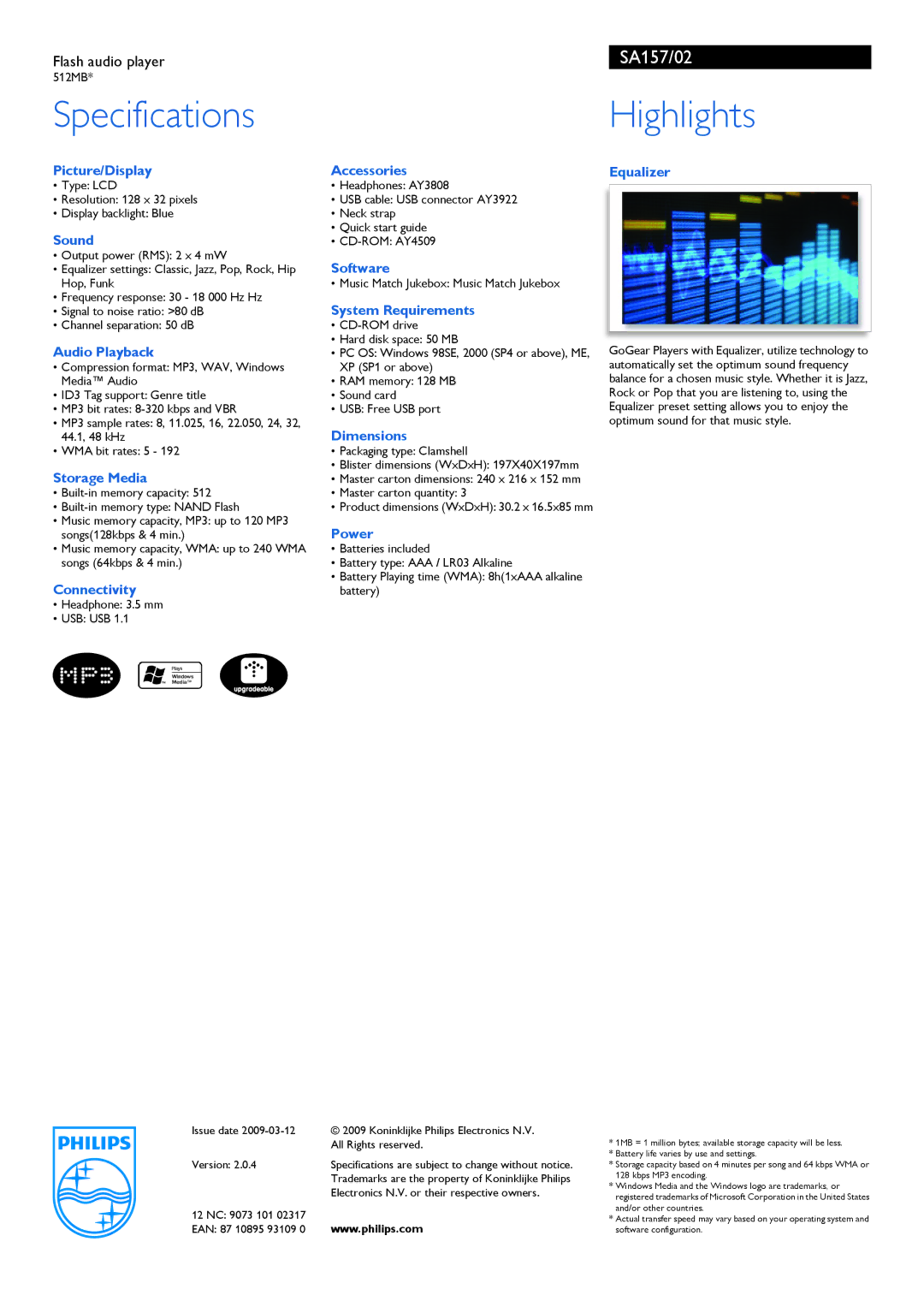 Philips SA157 manual Specifications, Highlights 