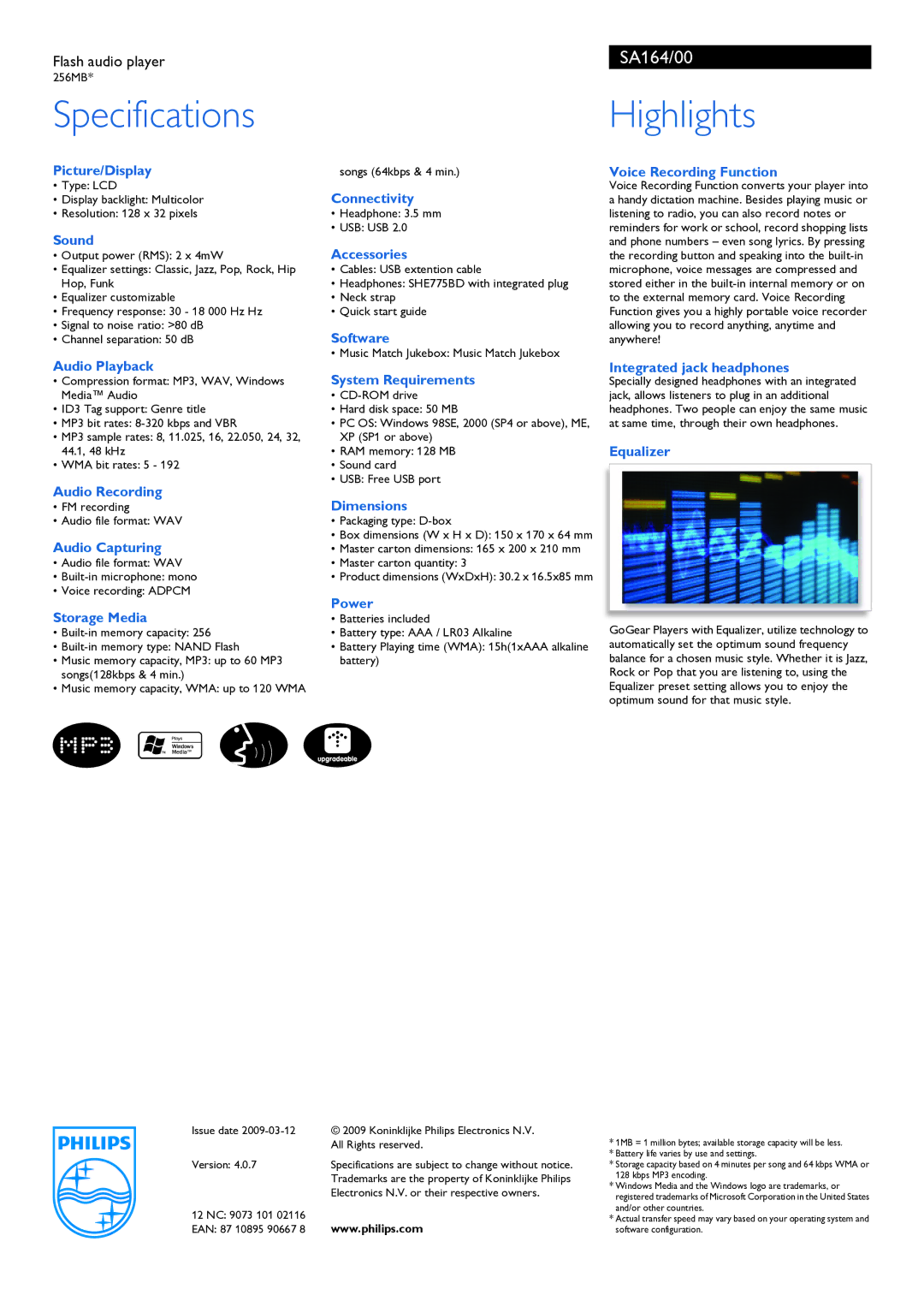 Philips SA164 manual Specifications, Highlights 