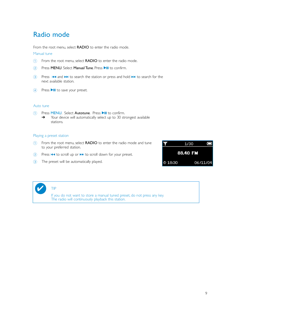 Philips SA179, SA170, SA175 user manual Radio mode, Manual tune, Auto tune, Playing a preset station 