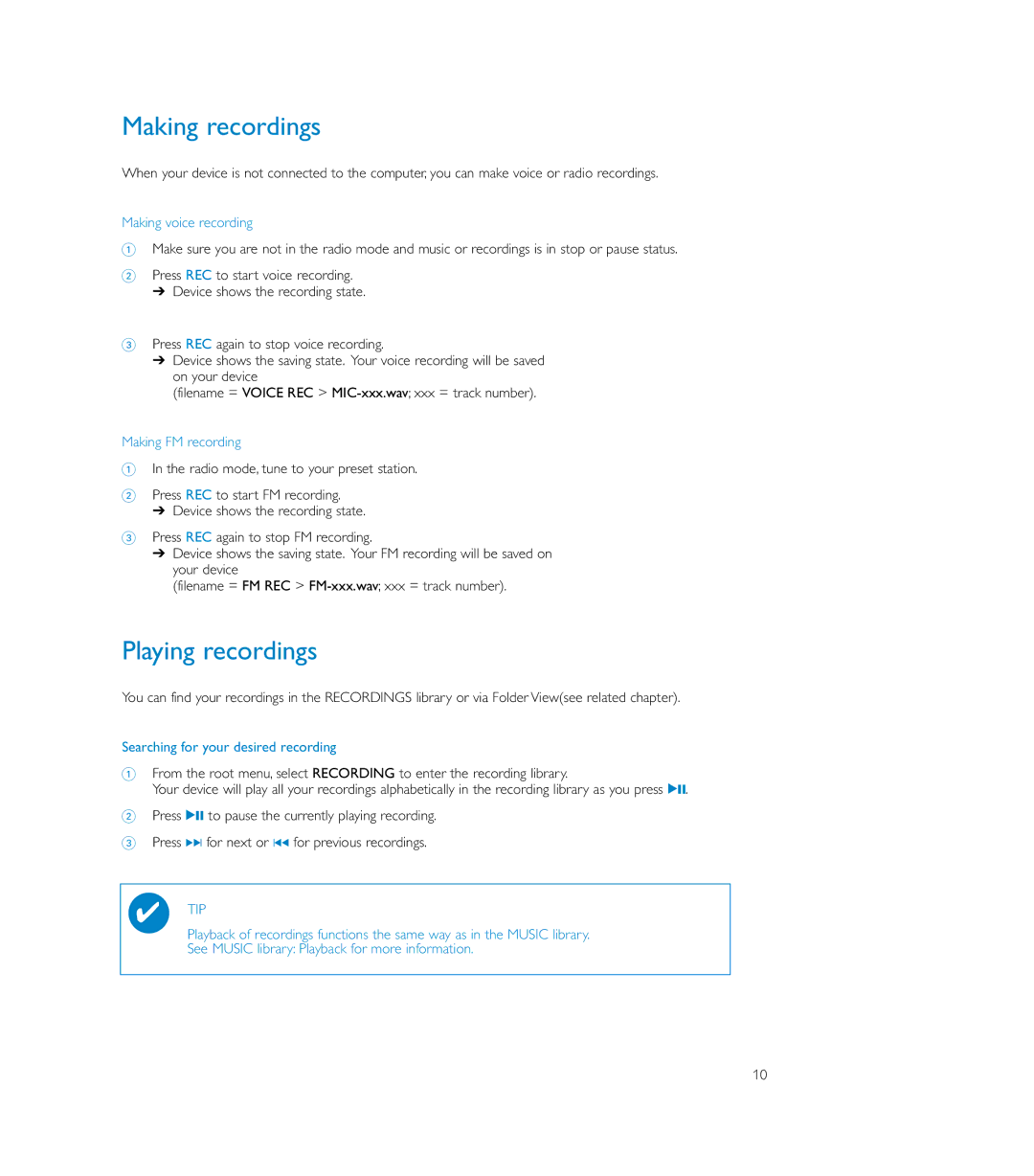 Philips SA175, SA170, SA179 user manual Making recordings, Playing recordings, Making voice recording, Making FM recording 