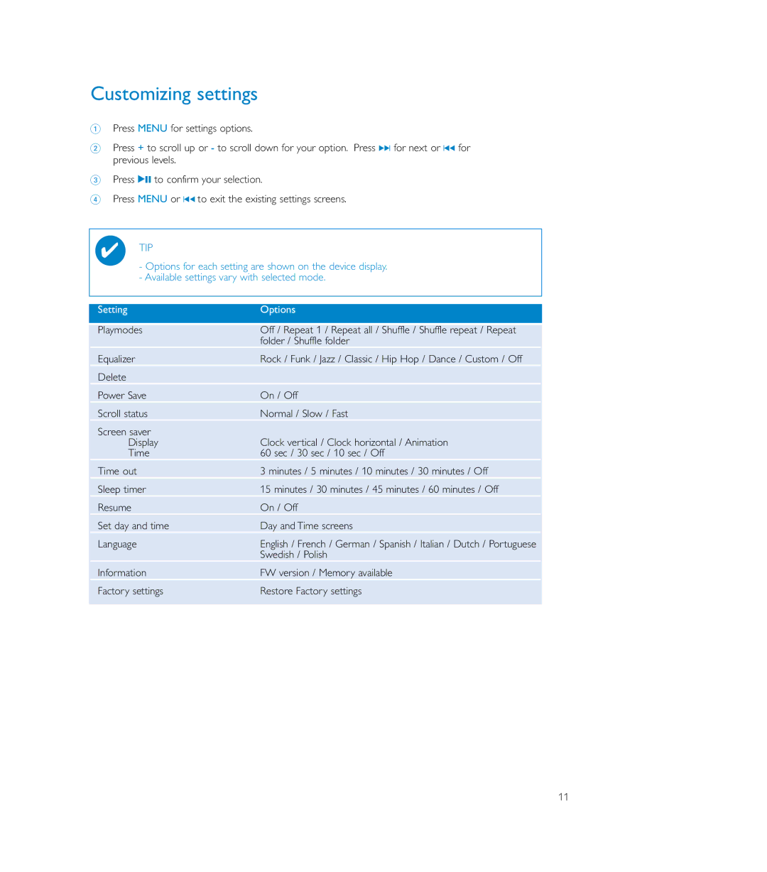 Philips SA170, SA179, SA175 user manual Customizing settings, Setting Options 