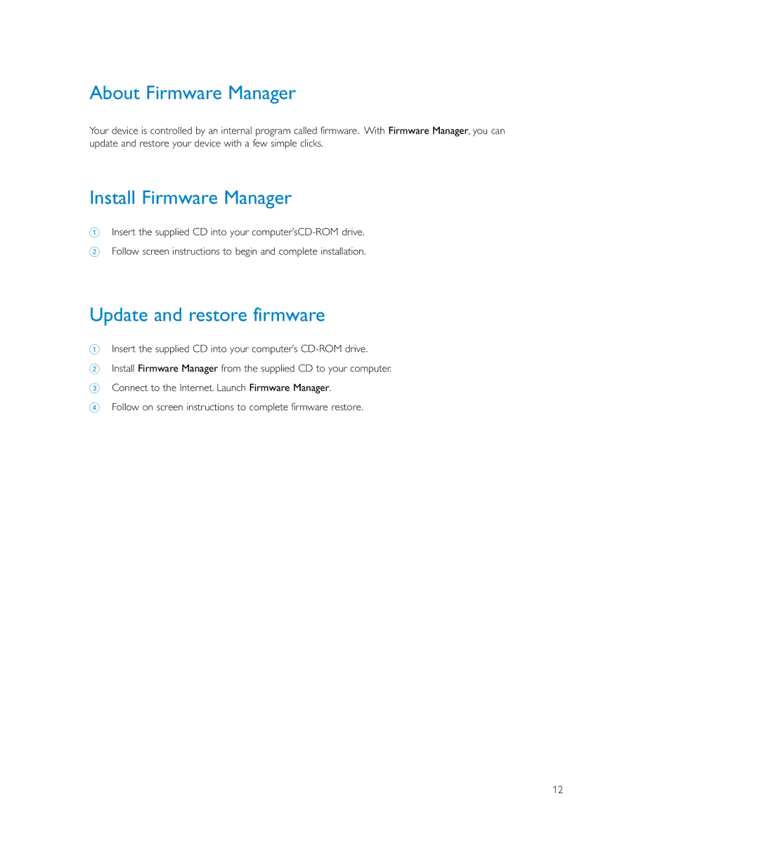 Philips SA179, SA170, SA175 user manual About Firmware Manager, Install Firmware Manager, Update and restore firmware 