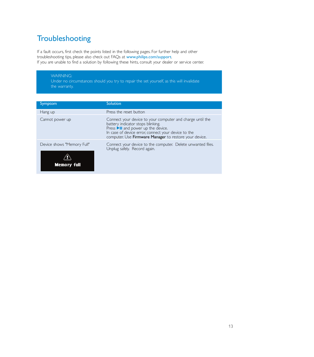 Philips SA175, SA170, SA179 user manual Troubleshooting 