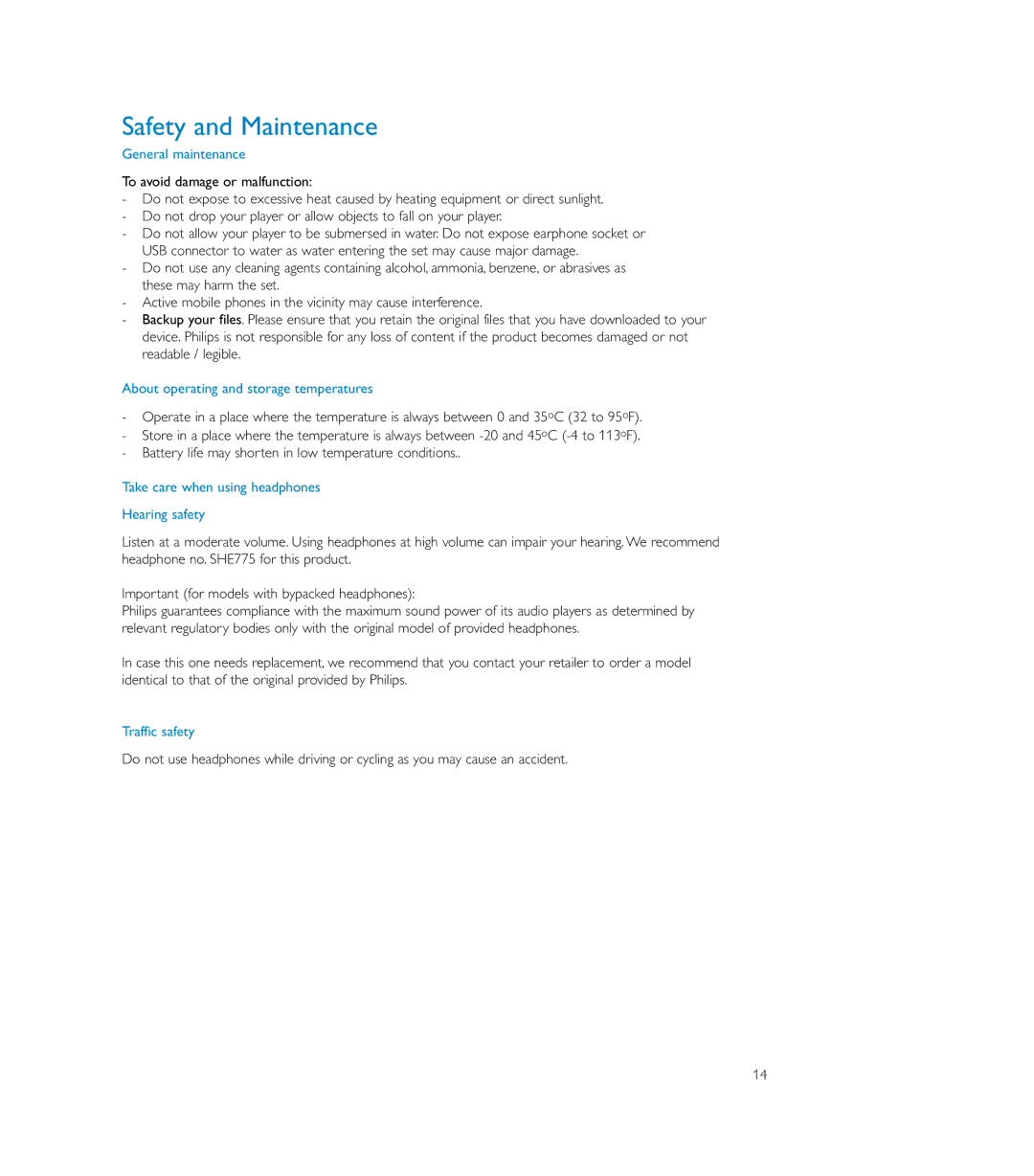 Philips SA170, SA179 Safety and Maintenance, General maintenance, About operating and storage temperatures, Traffic safety 