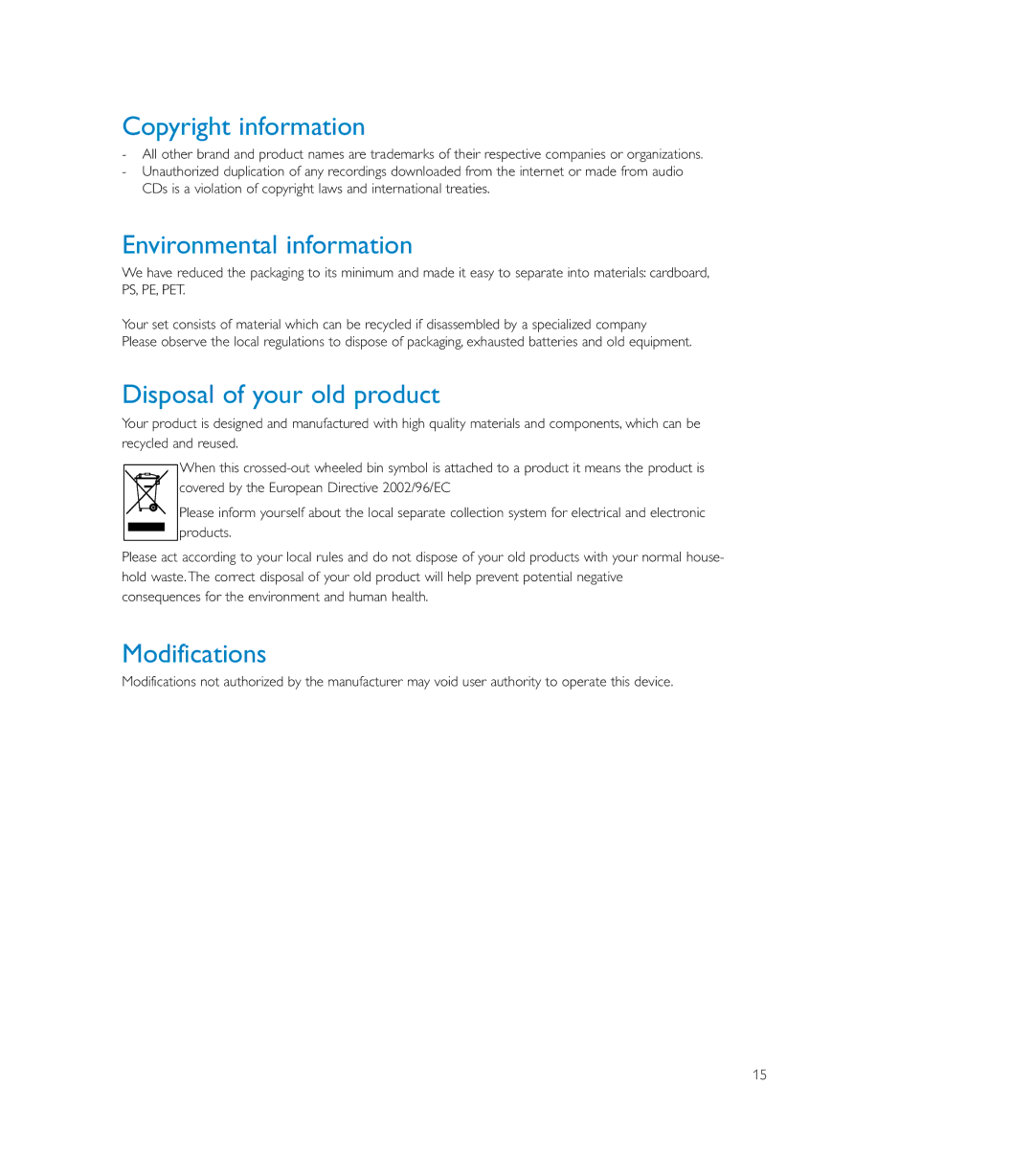 Philips SA179, SA170, SA175 Copyright information, Environmental information, Disposal of your old product, Modifications 