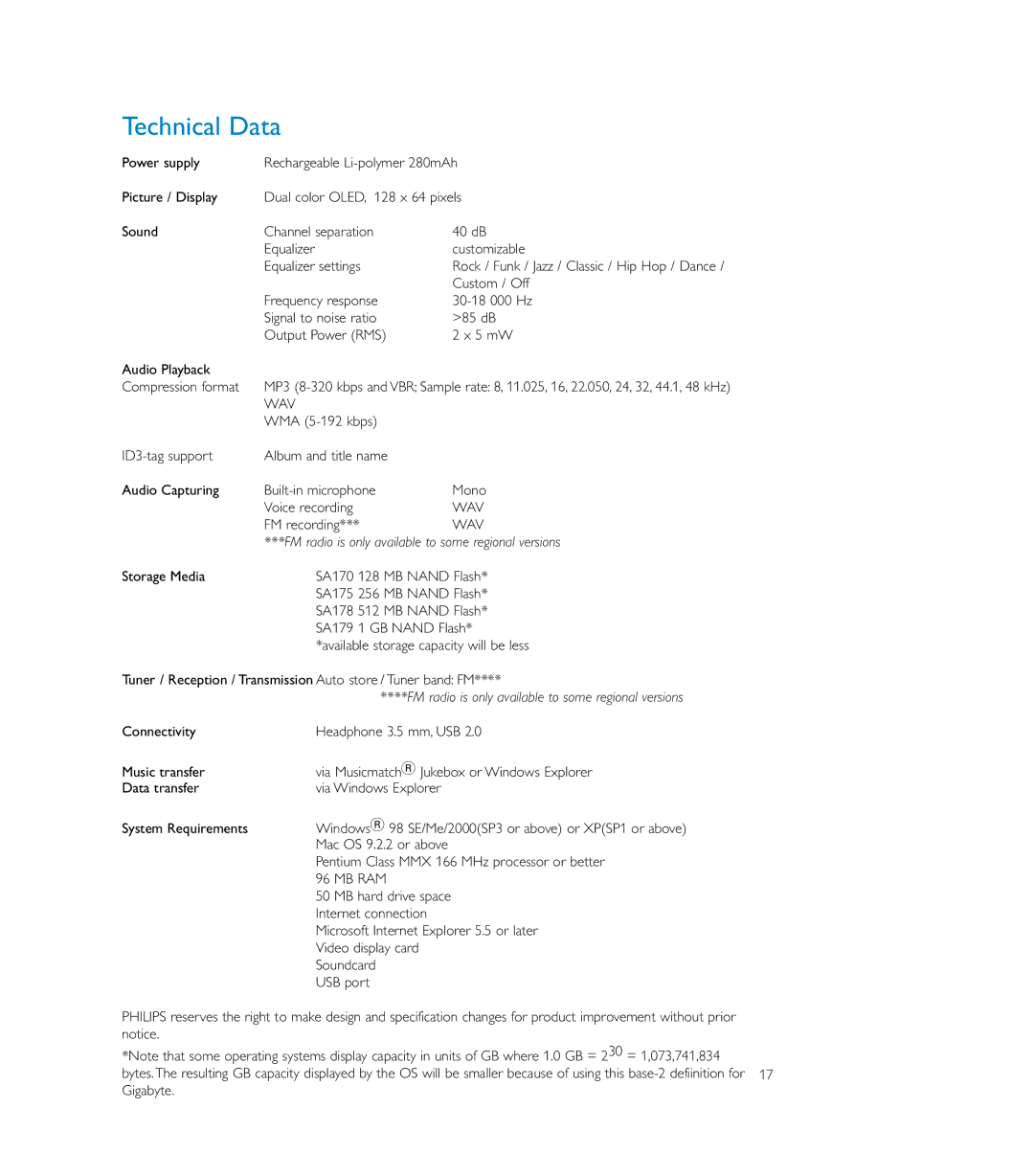 Philips SA170, SA179, SA175 user manual Technical Data, Wav 