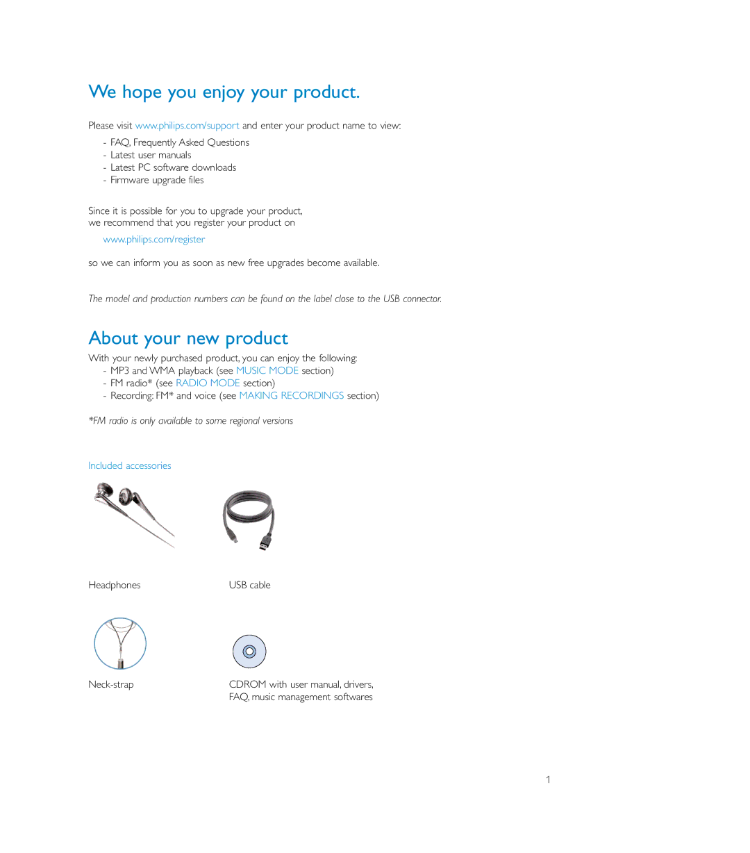 Philips SA175, SA170, SA179 user manual We hope you enjoy your product, About your new product, Included accessories 