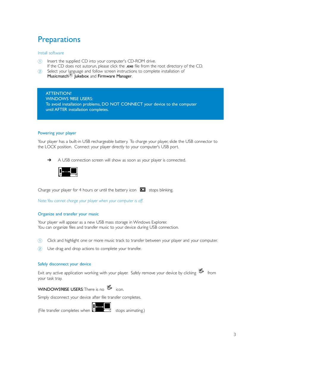 Philips SA179, SA170, SA175 Preparations, Install software, Powering your player, Organize and transfer your music 