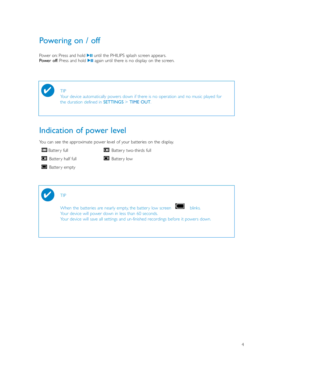 Philips SA175, SA170, SA179 user manual Powering on / off, Indication of power level, Tip 