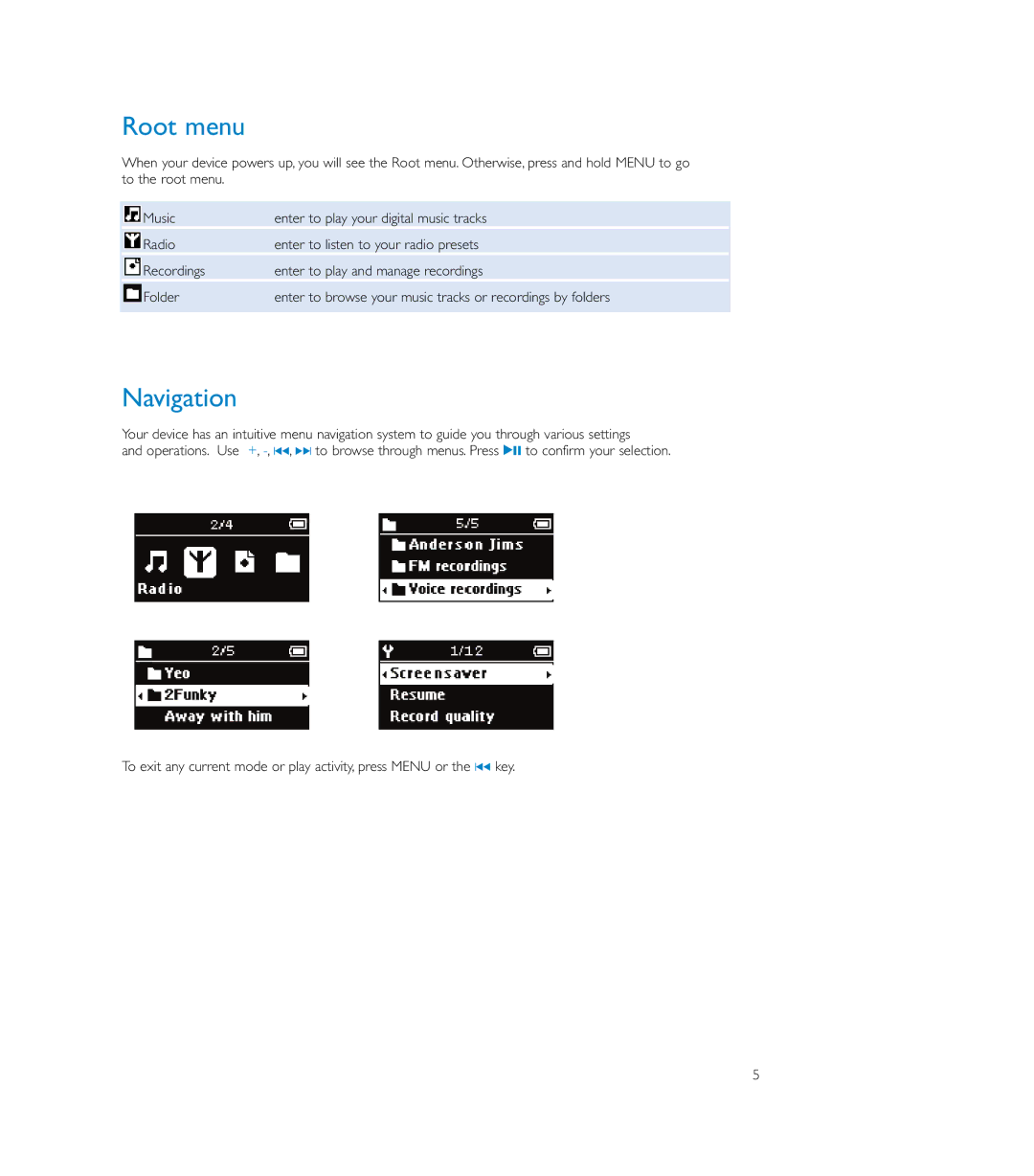 Philips SA170, SA179, SA175 user manual Root menu, Navigation 