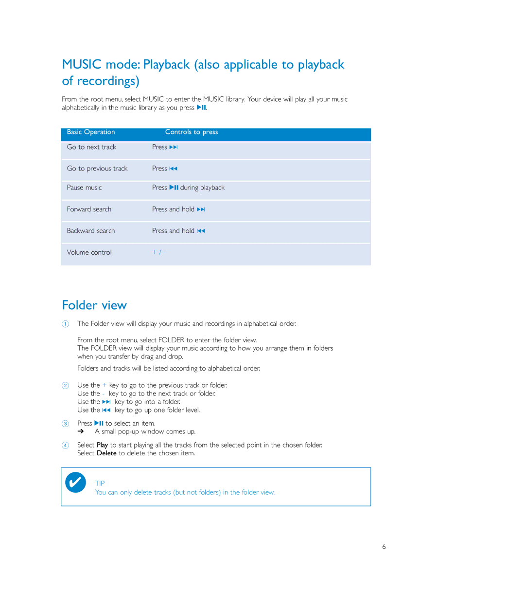 Philips SA179, SA170, SA175 user manual Folder view, Basic Operation Controls to press 