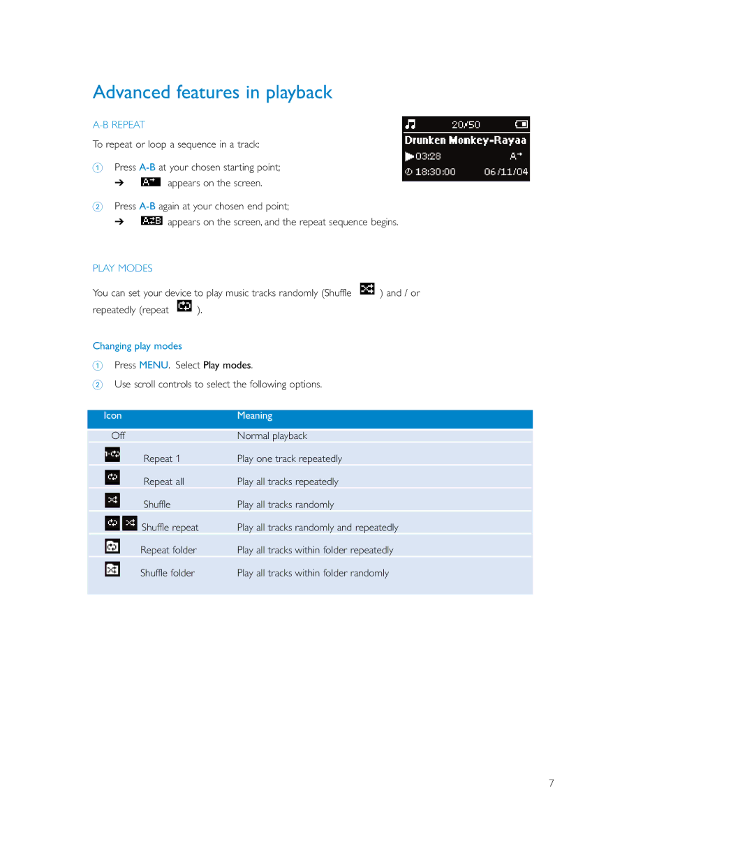 Philips SA175, SA170, SA179 user manual Advanced features in playback, Repeat, Play Modes, Changing play modes 