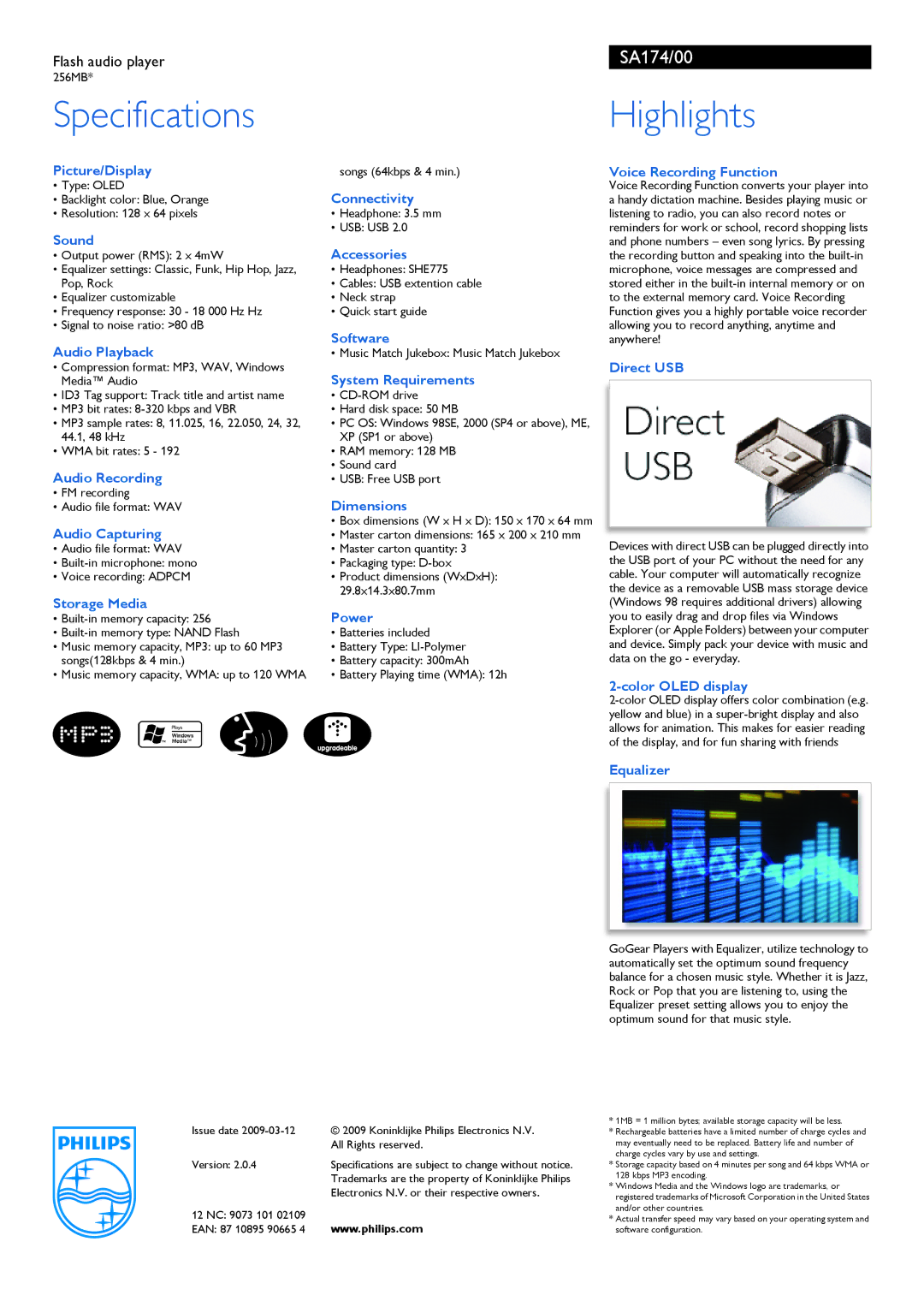 Philips SA174 Picture/Display, Sound, Audio Playback, Audio Recording, Audio Capturing, Storage Media, Connectivity, Power 