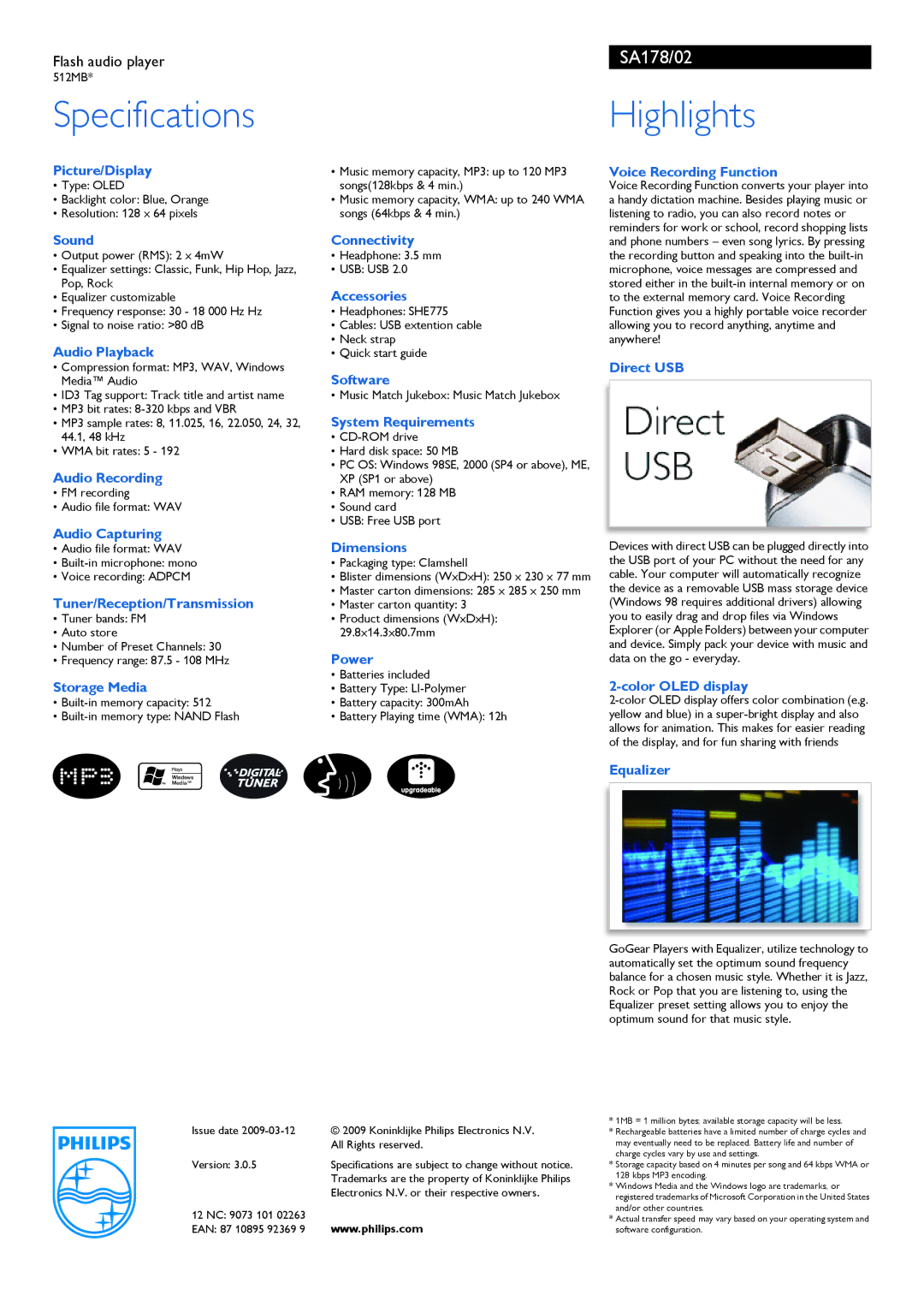 Philips SA178 manual Picture/Display, Sound, Audio Playback, Audio Recording, Audio Capturing, Tuner/Reception/Transmission 