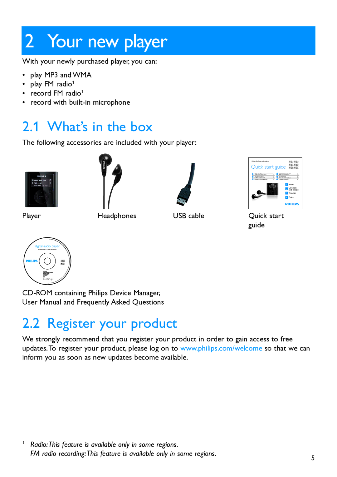 Philips SA1948, SA1915, SA1927, SA1918, SA1925, SA1926, SA1928, SA1949 Your new player, What’s in the box, Register your product 