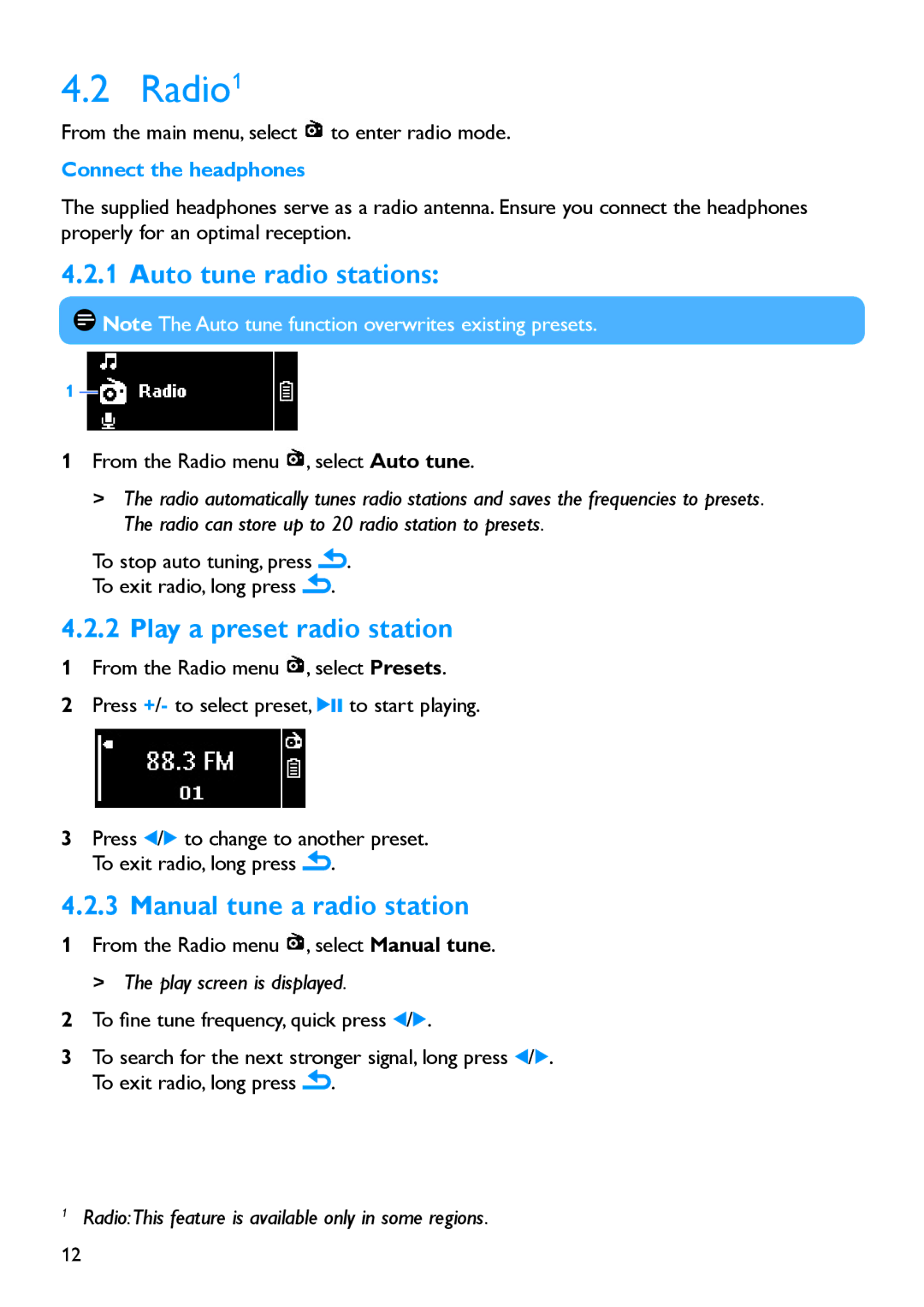 Philips SA1919, SA1917, SA1916 Radio1, Auto tune radio stations, Play a preset radio station, Manual tune a radio station 