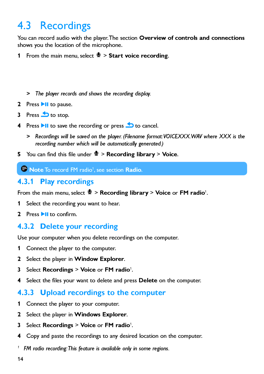 Philips SA1916, SA1919, SA1917 manual Recordings, Play recordings, Delete your recording, Upload recordings to the computer 