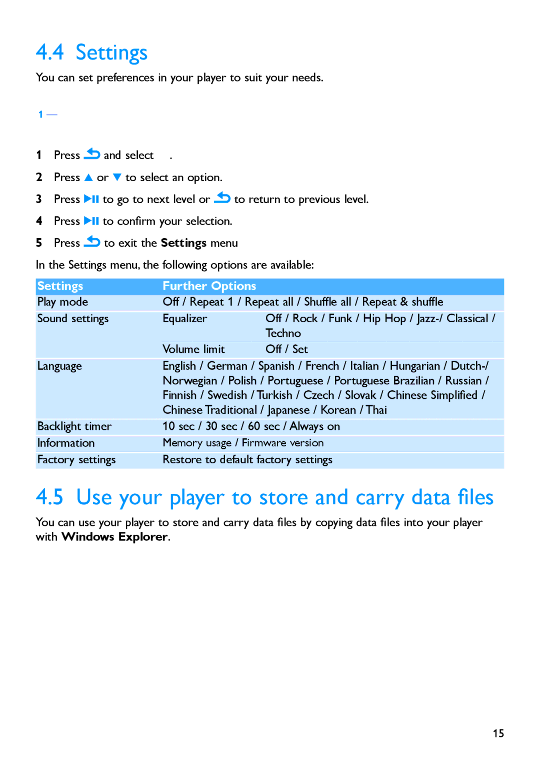 Philips SA1919, SA1917, SA1916 manual Settings, Use your player to store and carry data files 