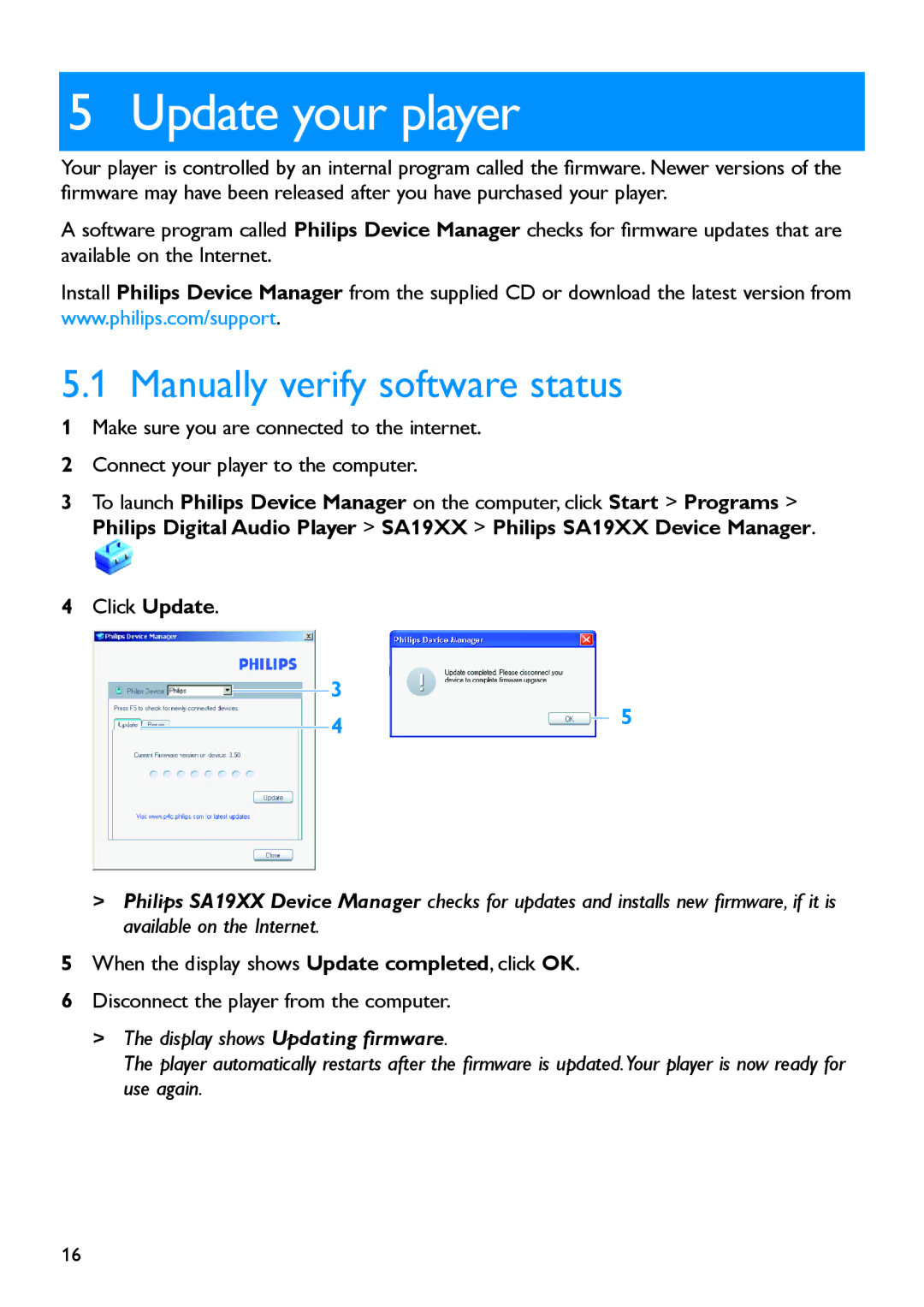 Philips SA1917, SA1919, SA1916 manual Update your player, Manually verify software status, Click Update 