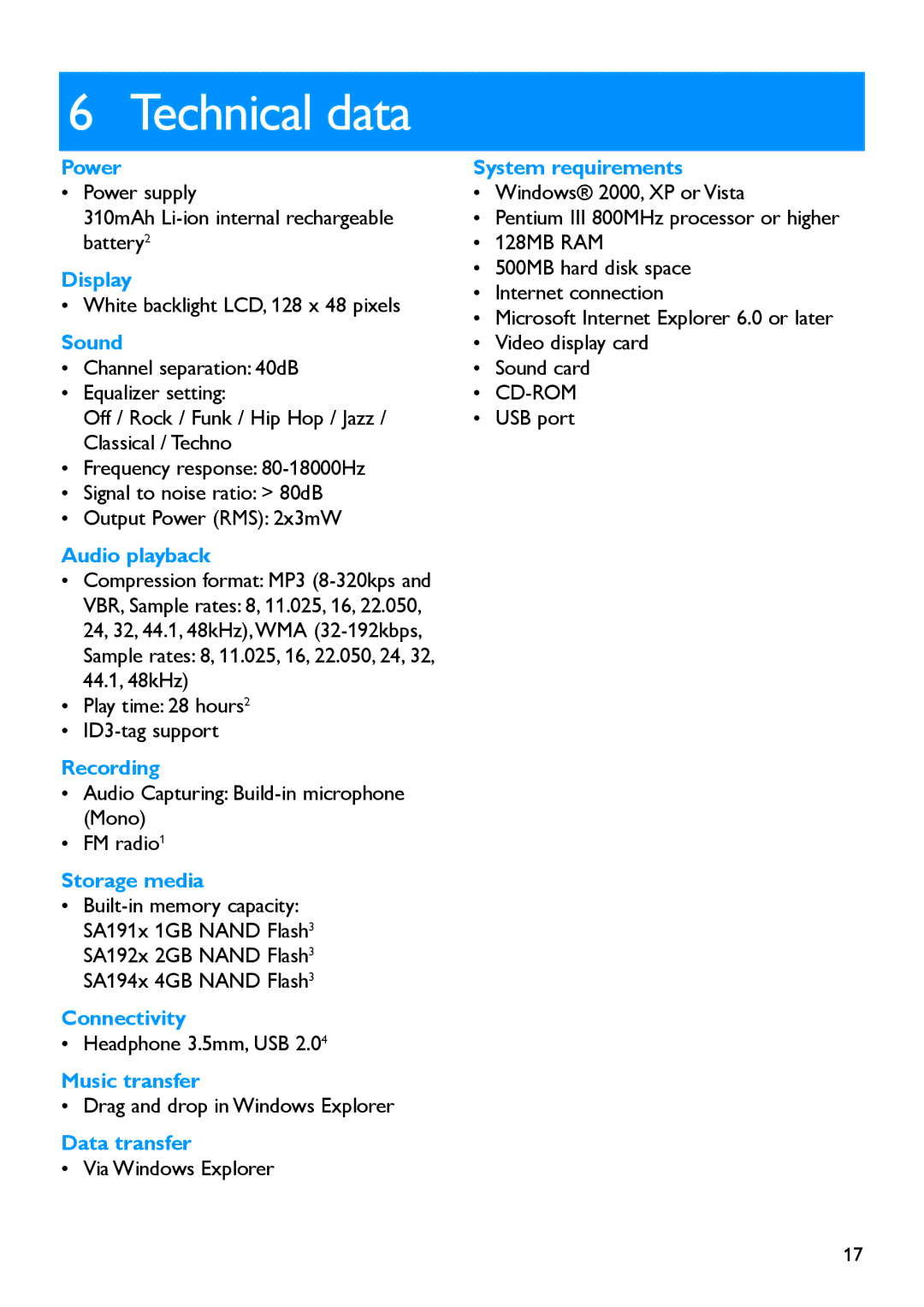 Philips SA1916, SA1919, SA1917 manual Technical data 