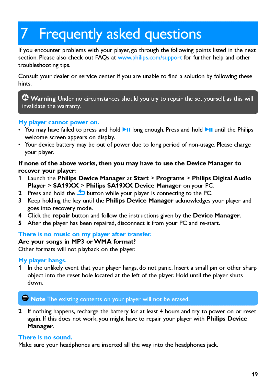 Philips SA1917 manual Frequently asked questions, My player cannot power on, There is no music on my player after transfer 