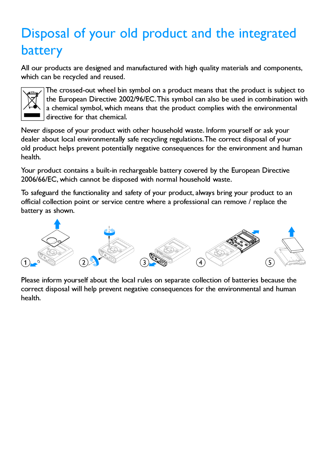 Philips SA1917, SA1919, SA1916 manual Disposal of your old product and the integrated battery 